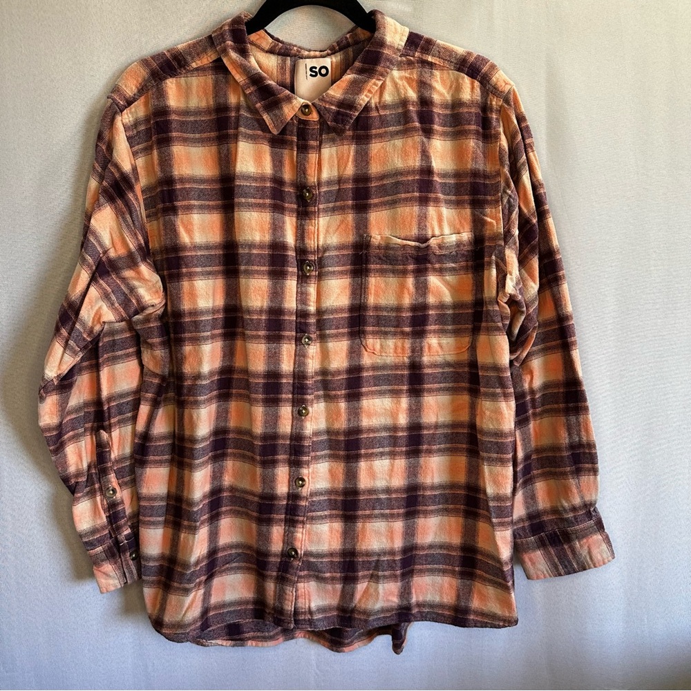 SO Flannel Shirt | XL | Purple & Peach Plaid Button-Down